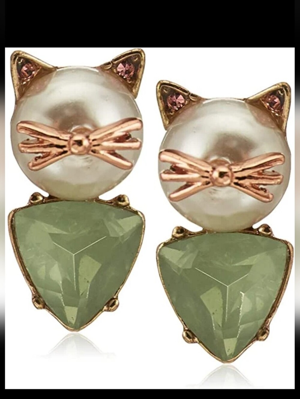 Betsey Johnson Cat Face Drop Earrings with Pearl and Mint Green Stone